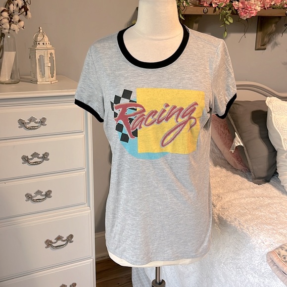 Comfy Car Racing Tee Short Sleeve Shirt Gray Top Womens L - Picture 2 of 6